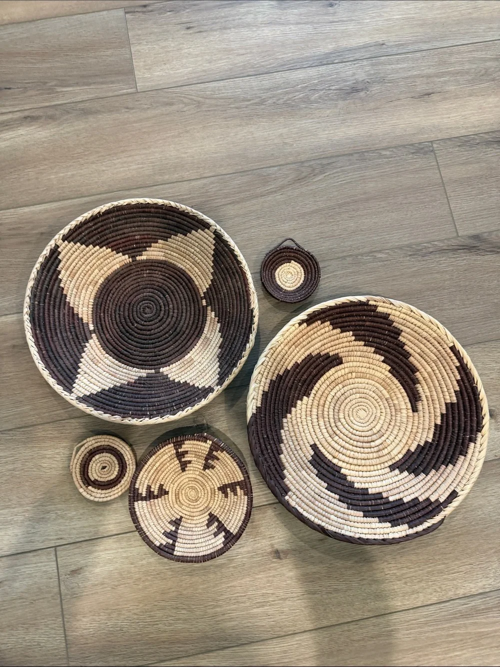 Handwoven Brown and Natural Decorative Basket Set. Tight Weave. Set of 5.